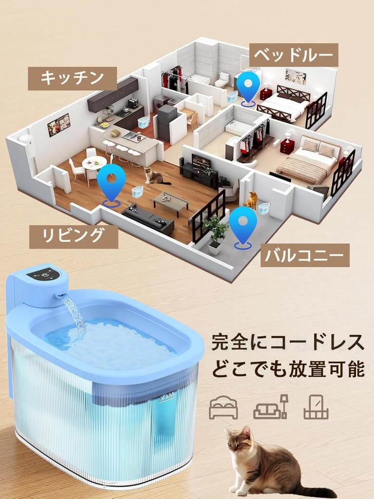 YUHAFO Pure Crystal Automatic Cat Water with Smart Large Capacity Tank Dispenser, Cordless, Sensor, Built-in 2.5L (5000mAh Capacity) (Blue)