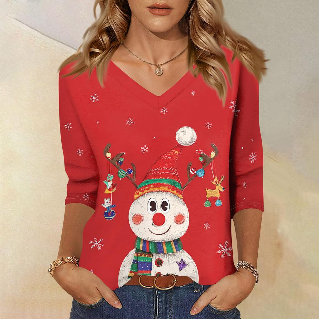 3/4 Sleeve Shirts For Women Print Christmas Tees Blouses Casual Plus Size Basic Tops Pullover