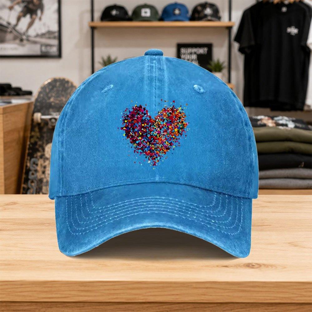1pc New Colorful Heart Print Washed Baseball Cap Premium Versatile Outdoor Accessory Unisex Duckbill Cap Fashionable Trendy C