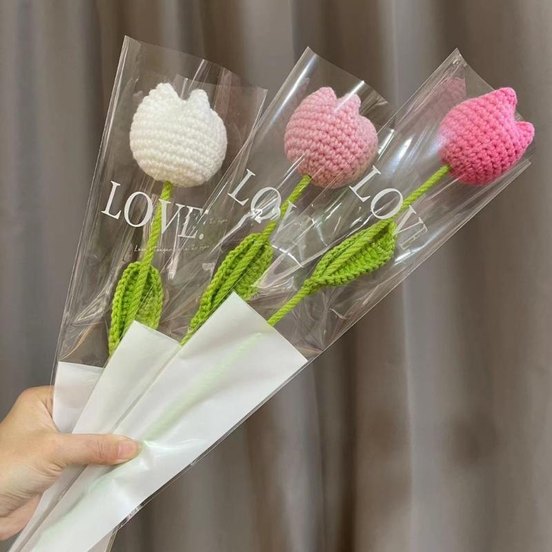 Crochet Tulip Flower Handwoven Flowers DIY Art Crafts Party Decoration for Wedding Birthday Party Background Decoration