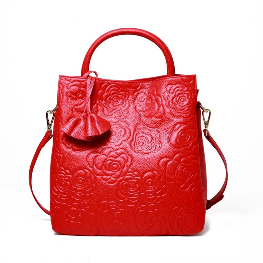 Genuine Leather Women's Bags Genuine Cowhide Bags Camellia Handbags Large Bags One Shoulder Messenger Bags