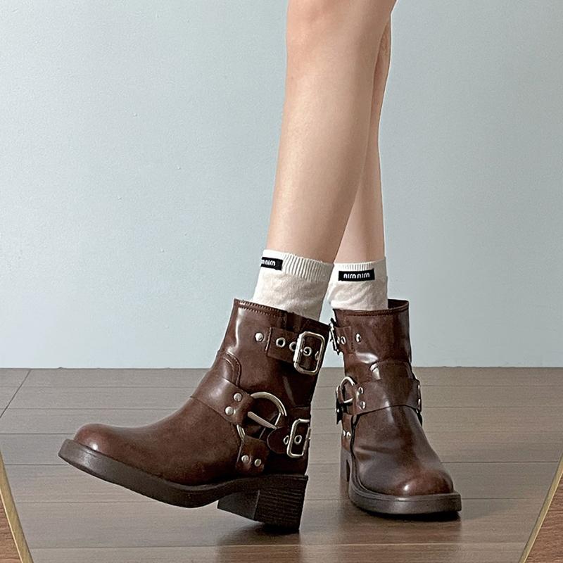 Vintage Women Ankle Boots British Style Belt Buckle Shoes Autumn Winter Short Booties  De Mujer