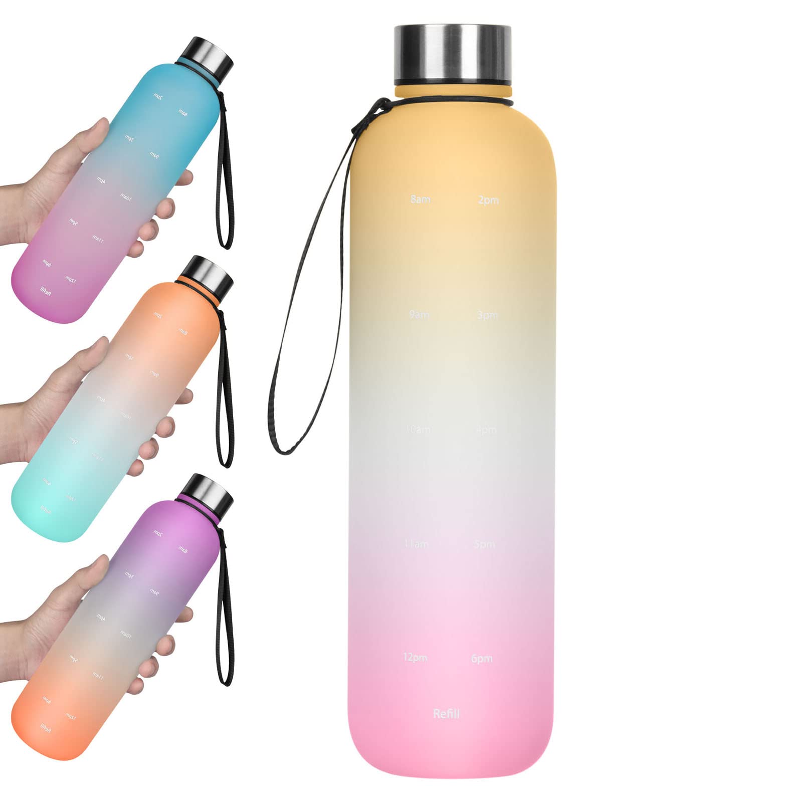 

QuiExact 1 Liter Water Bottle with Time Marker, Stainless Steel Lid, Gradient Design, 1L, Perfect for Outdoor Sports, Water, 1000ml, Stylish, Easy to