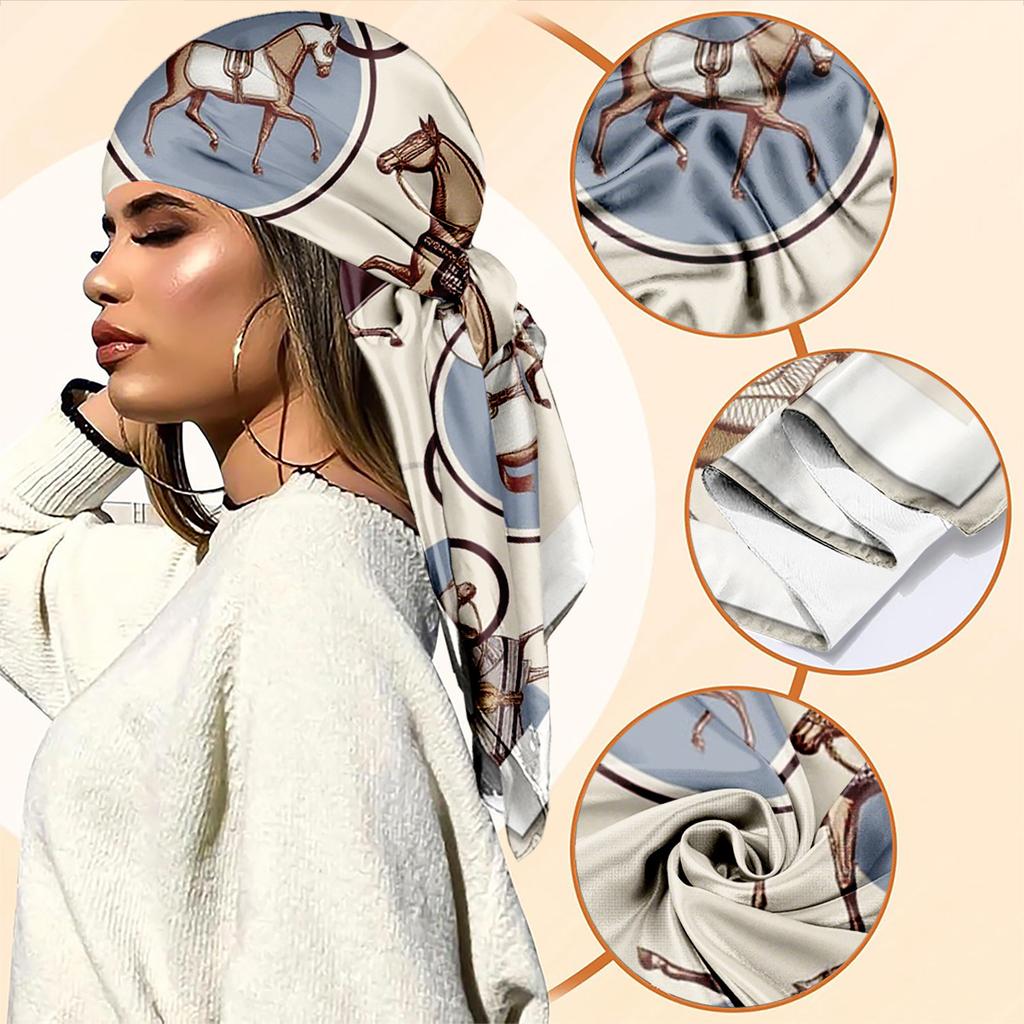 Best-selling vintage equestrian-themed imitation silk horse pattern imitation silk square scarf, fashionable hip-hop headscarf