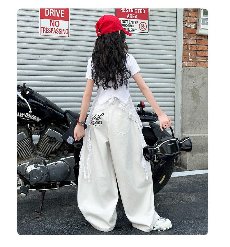 Girls' Jazz Dance Lace Ribbon T-shirt & Ripped Wide-leg Pants Set - Summer 2026 Arrival for Medium & Older Kids
