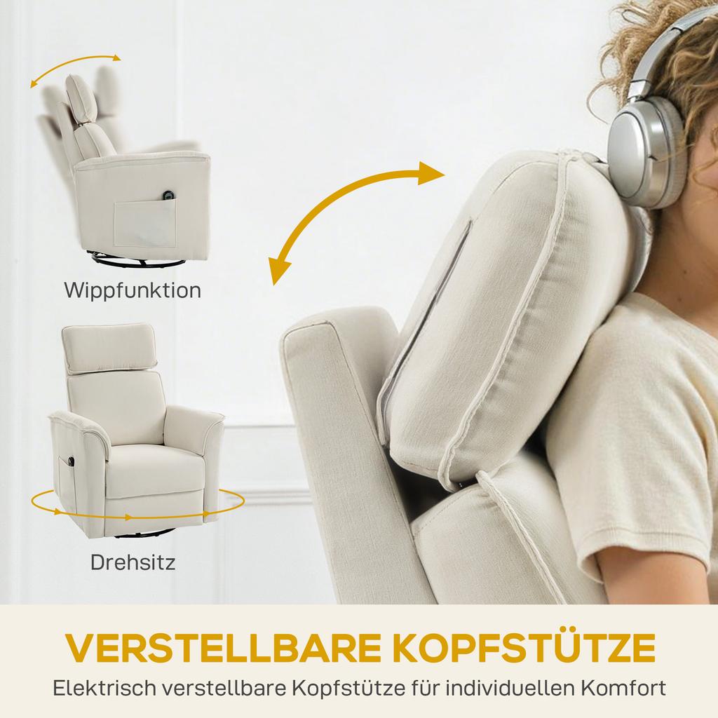 Electric Recliner with Reclining Function, Adjustable Backrest, Headrest, for Living Room, Cream White