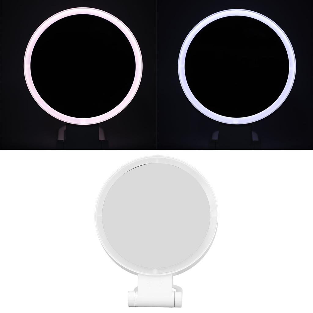 Double Sided Magnifying Mirror 1X 5X with LED Light and Folding Handle Table Top Vanity Mirror for Dorm Bedroom Bathroom Travel White