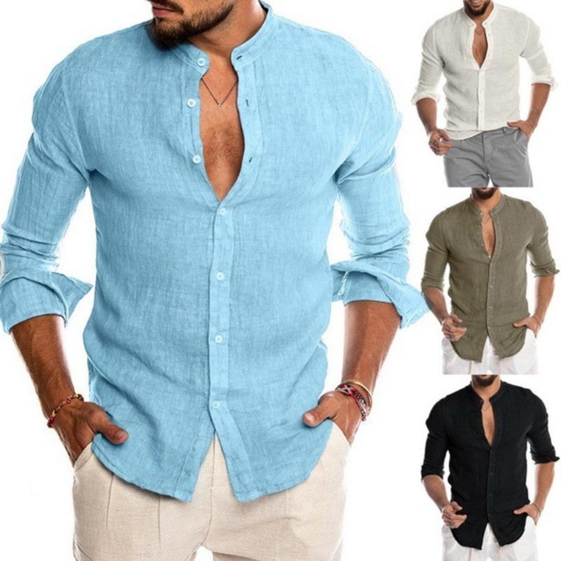 Autumn Winter V-neck Linen Cardigan Standing Collar Long Sleeved Men's Shirt