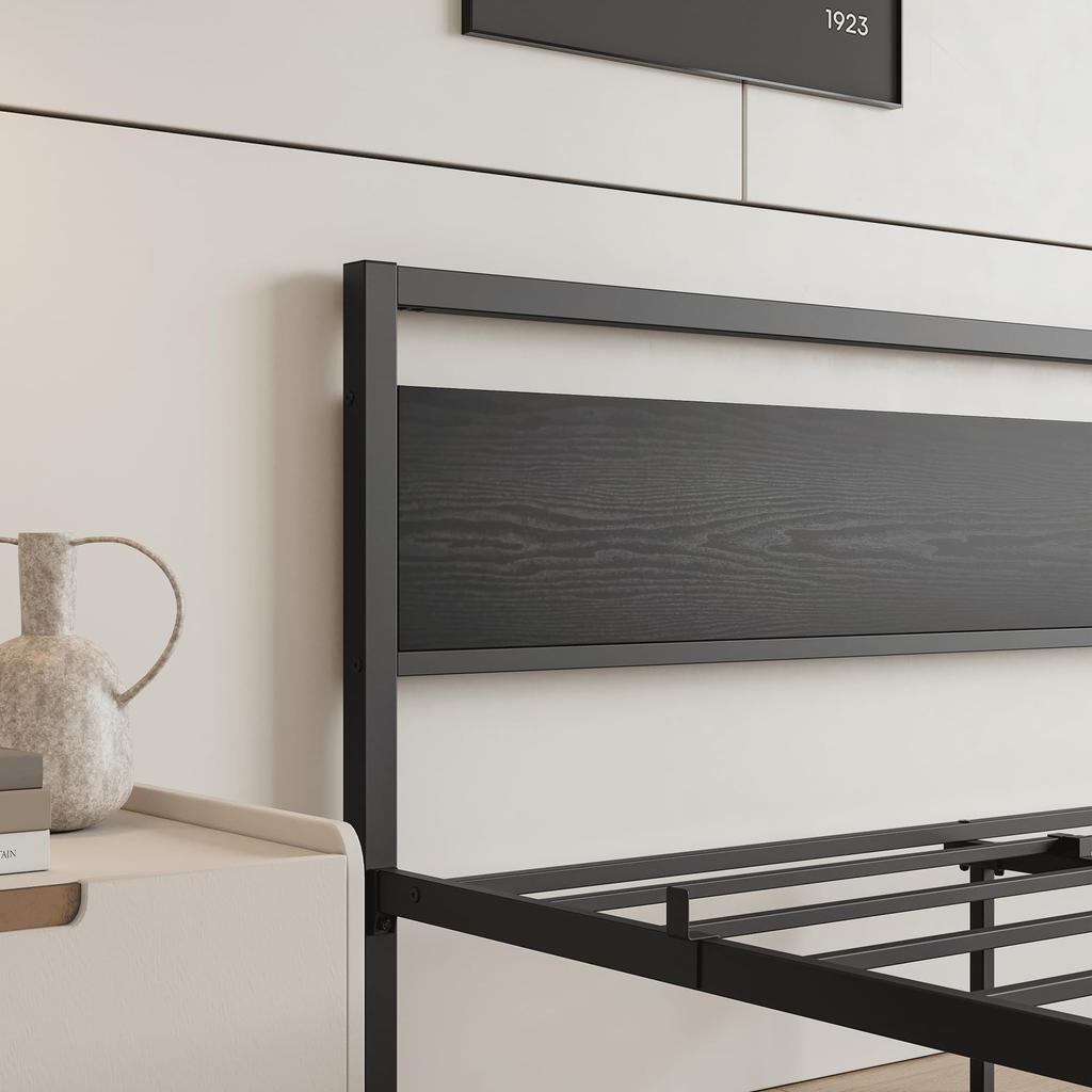 Bed Frame 140x200 cm made of Metal & Wood – Stable Single Bed with Slatted Frame & Storage, Guest Bed/Youth Bed