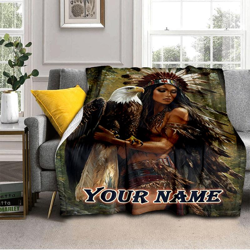 1PC Custom Name Eagle Spirit Warrior Flannel Blanket Versatile,all-season Throw Suitable for the Living Room,bedroom,camping,travel,and Gift
