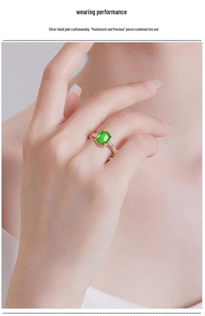 S925 Silver Adjustable Women's Ring with Natural Grade A Bright Green Jade Cabochon