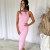 LYRIA Sexy Damen Langes Kleid Gerafft Ärmellos Slim Einfarbig Sommer Party Kleid mit Rückenschlitz Clubwear Weiblich Vestido Outfits