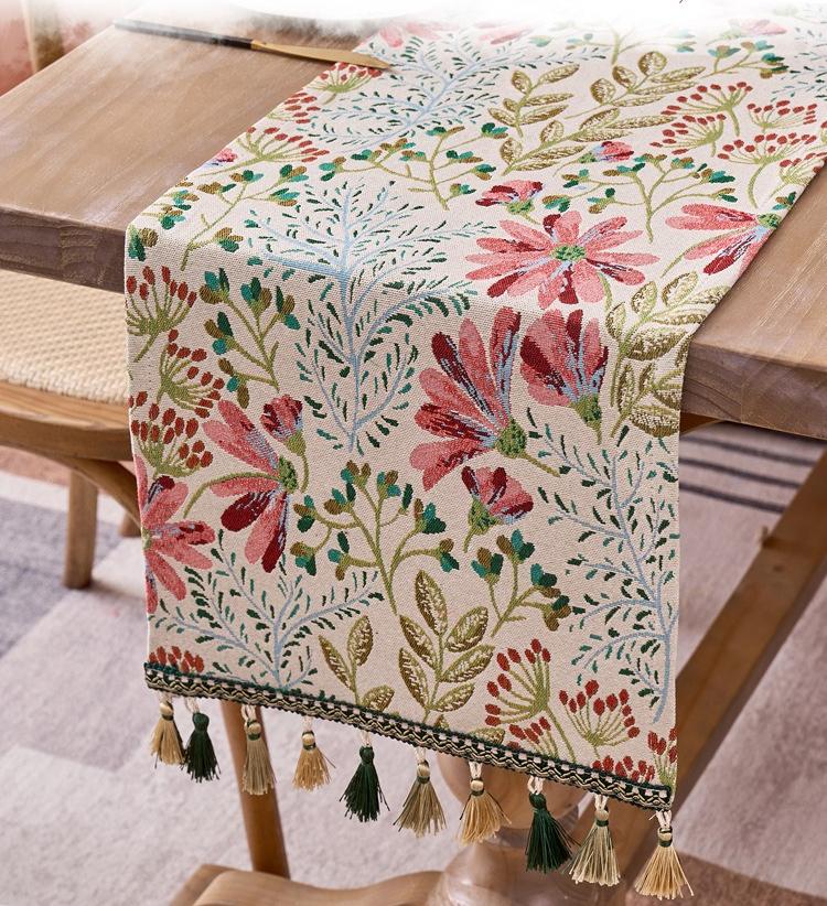 Colorful Flower Jacquard Table Runner with Tassel Kitchen Dining Table Decoration Embroidered Table Runner for Home Party Decor