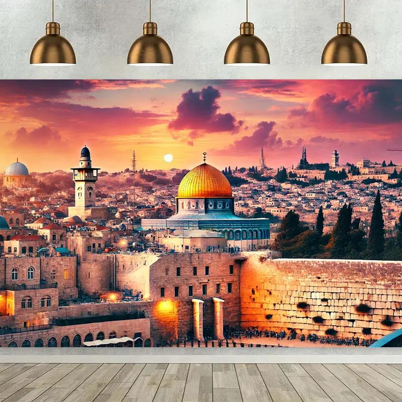 Background Flag 1 Piece, Jerusalem Sunrise Golden Dome Background Fabric Wall Decoration, Polyester Fiber Wall coveringDJH
