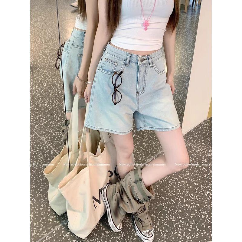 Kumikumi Retro Washed Denim Fifth Pants Women High Waist Loose Straight Wide Leg Pants Shorts