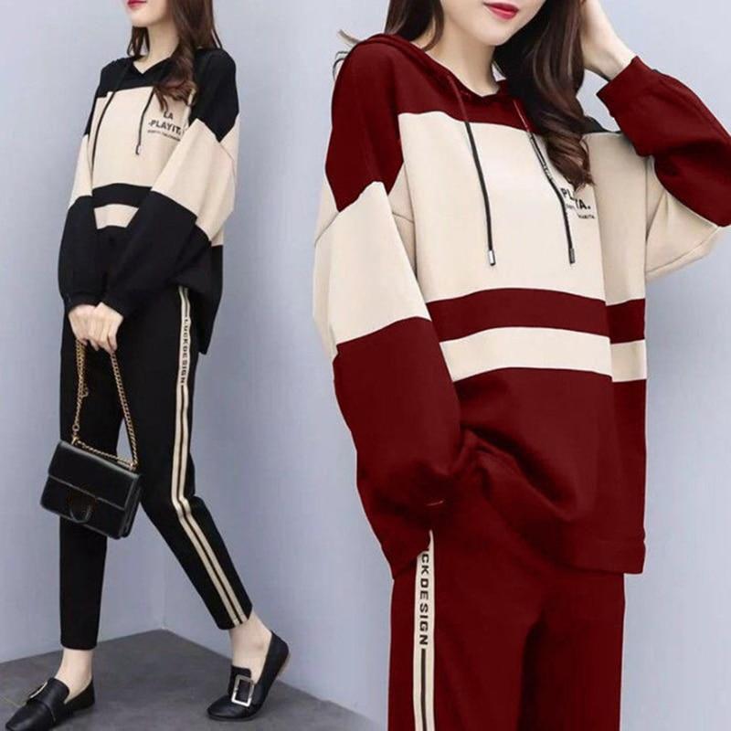 Costum ocazional, cu glugă, cu glugă, cu gât rotund, pantaloni casual în nouă puncte, două piese, femei
