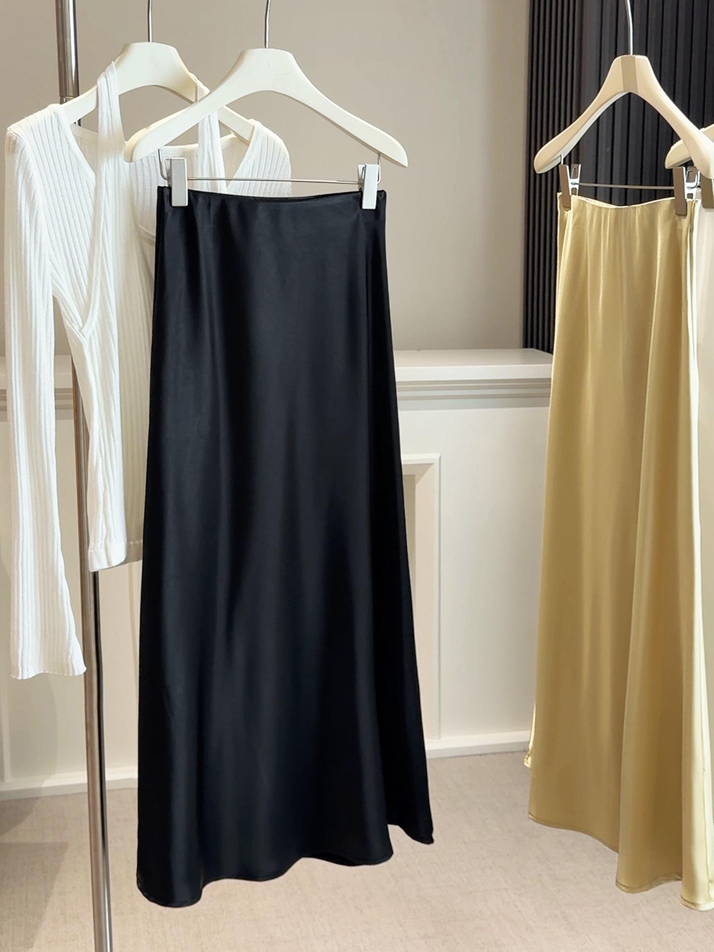 Двусторонний атласный ацетатный юбка-русалка А-силуэта Весна/Лето 2026 - Корейский стиль, драпировка, облегающая длинная юбка для женщин Medium чёрный