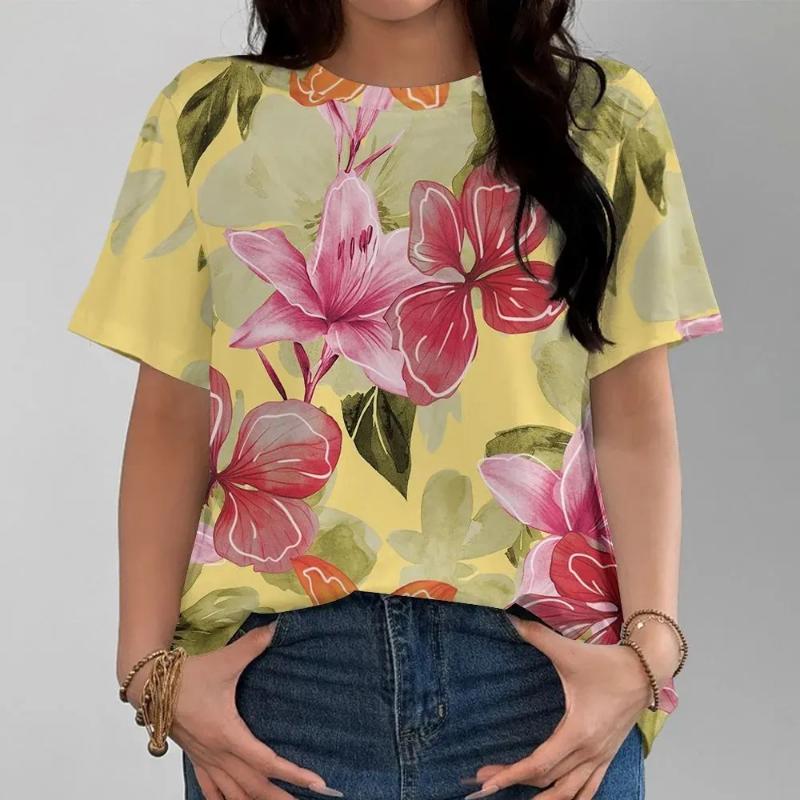 Flower Short Sleeve 3D Flower Color Printing Fashion Women's Crew Neck Short Sleeve Crew Neck T-Shirt Senior Women's Clothing