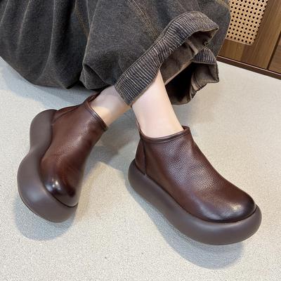 Women's Genuine Leather Ankle Boots: Retro Round Toe, Thick Sole, Cotton-Lined for Warmth, Versatile Top Layer Cowhide.
