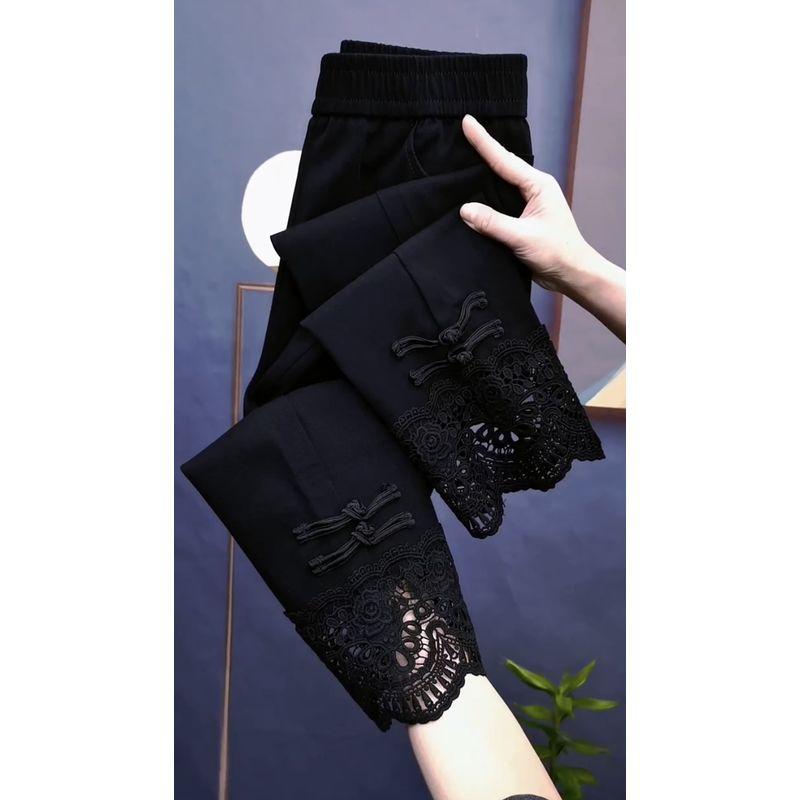 

Брюки в китайском стиле, боковые вставки, кружевные пряжки, ретро-леггинсы Amoi для похудения, универсальные, стрейч, капри, узкие брюки, мода Black M