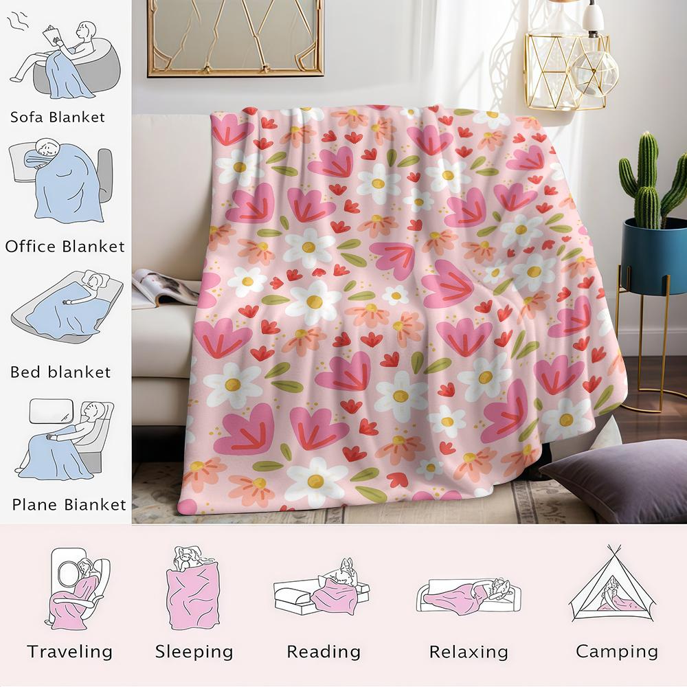 Blush Floral Heart Flannel Blanket Warm Soft Halloween Christmas Couch Warm Cozy Decorative Decor Gift for All Season