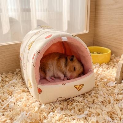 Thickened Quilted Warm Shelter Hamster Bed, Cartoon Print Cozy Hideout, Winter Cave Comfortable Hideaway for Hamsters Small Animal Cage Accessories