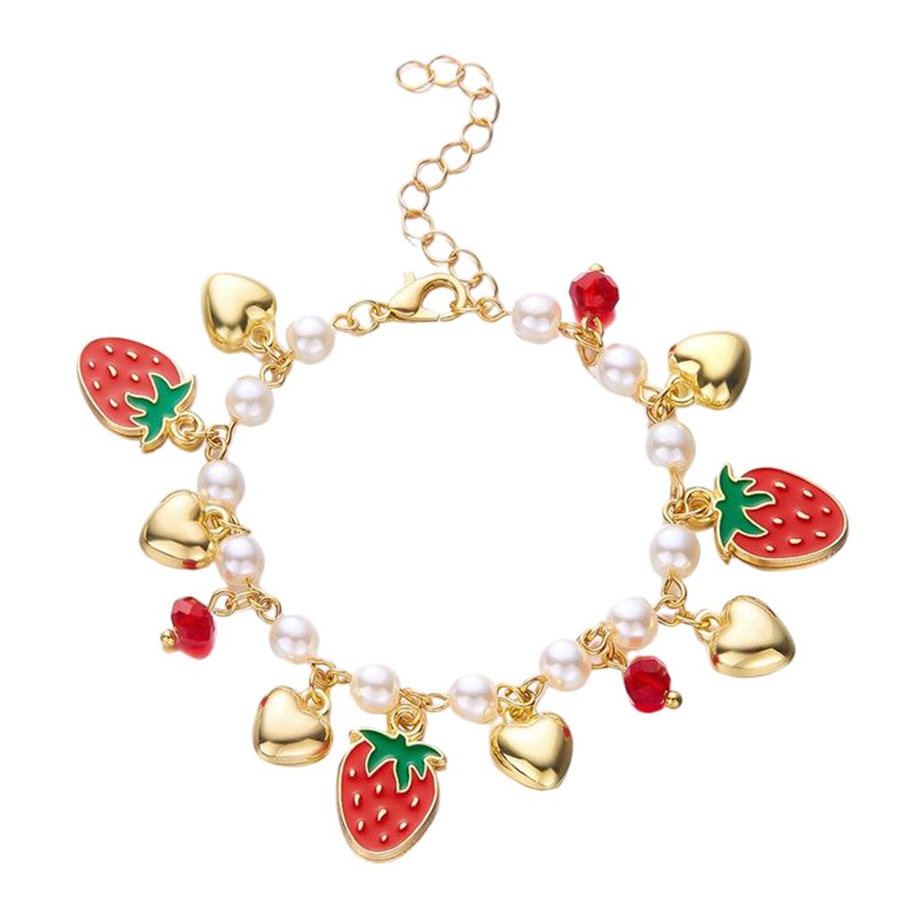 Cute Fruit Heart Charm Bracelets for Women  Strawberry Heart Shaped Pearl Chain Bracelet Dainty Gold Plated Jewelry Gift