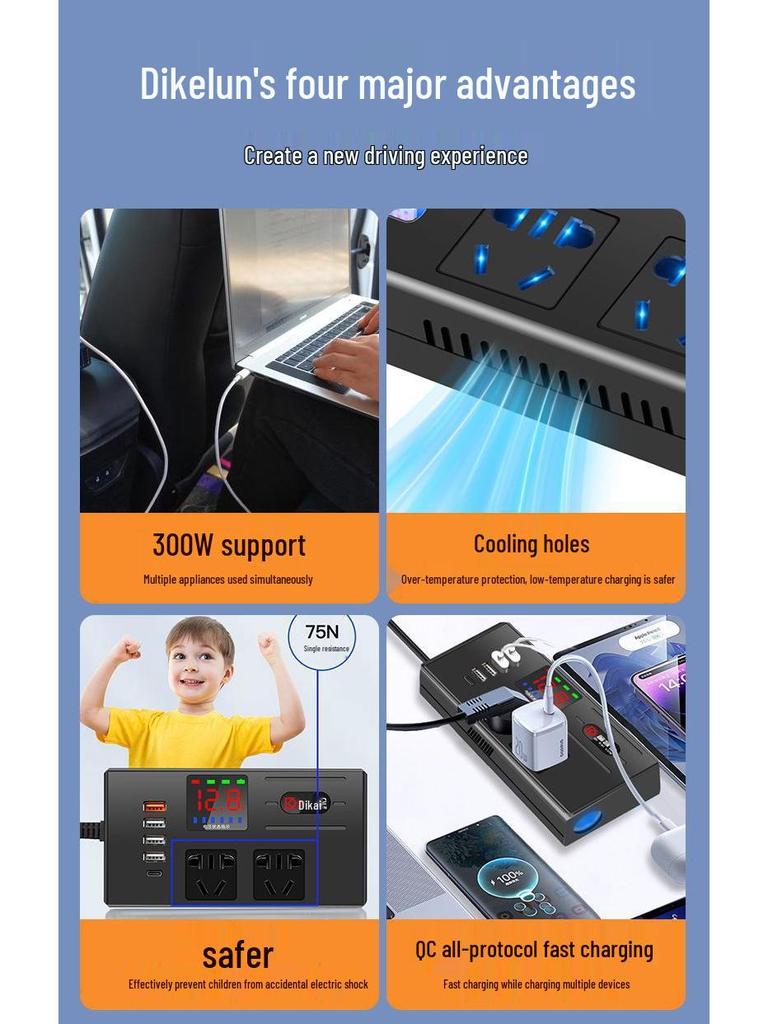 Leistungsstarker 12V/24V auf 220V Auto-Wechselrichter & Schnellladegerät für Limousine/LKW