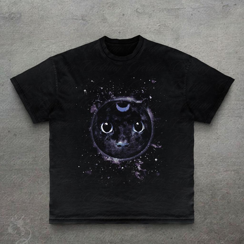 Moon Cat Graphic Tee, Gifts For Cat Lovers, Cute Cosmic Black Cat T-Shirt for Men Women, Galaxy Cat Top, Cute Celestial Moon Shirt, Unisex