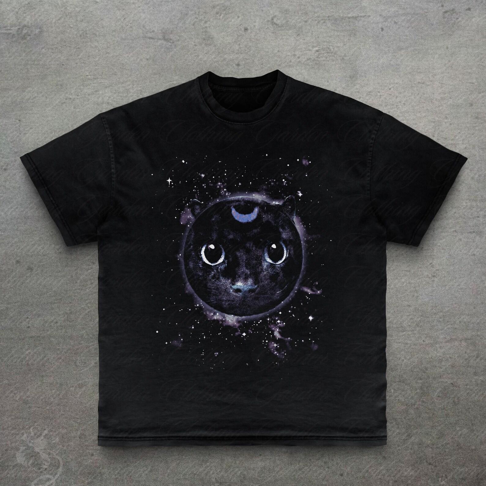 Moon Cat Graphic Tee, Gifts For Cat Lovers, Cute Cosmic Black Cat T-Shirt for Men Women, Galaxy Cat Top, Cute Celestial Moon Shirt, Unisex S