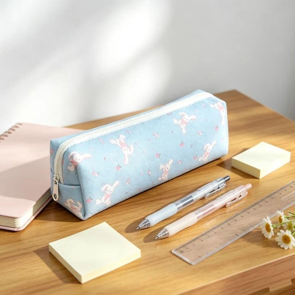 Rabbit Floral Polka-Dot Print Pencil Pouch Zipper Closure Stationery Storage Bag Pen Bag  Students
