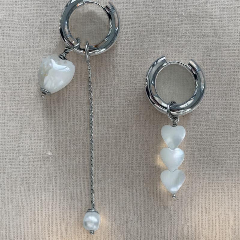 Retro Trendy Geometric Stereo Heart-Shaped Earrings For Women Asymmetrical Imitation Pearl Earrings Punk Jewelry