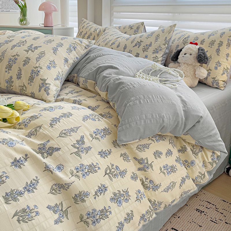 Floral Print French Style Bedding Set Bubble Cotton Duvet Cover Set Washed Cotton Flat Sheet Set Queen For Girl Decor Home