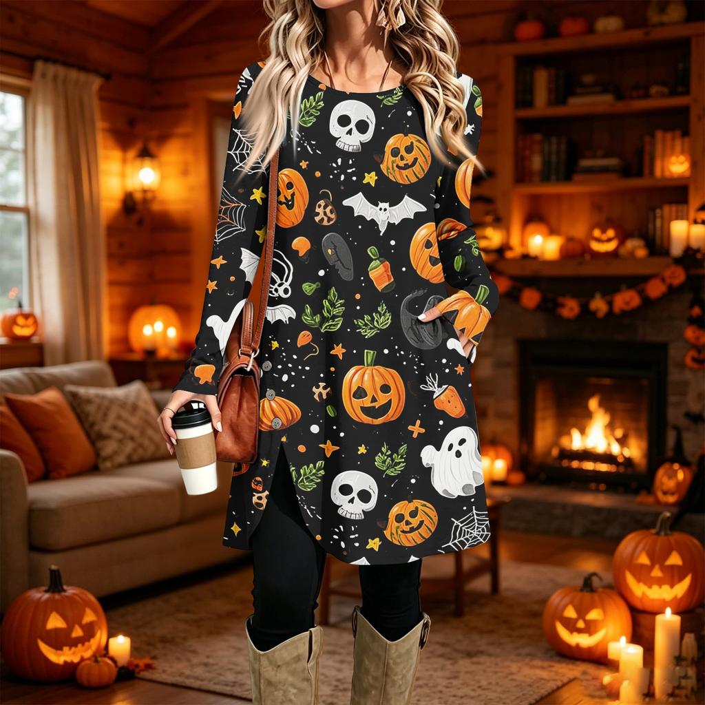 Damen Freizeitkleid mit Print, Langarm, Rundhalsausschnitt für den Alltag