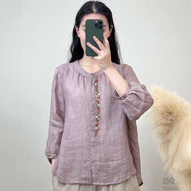 Women's Summer Cotton Linen Embroidered Top - Retro National Style, Light & Versatile