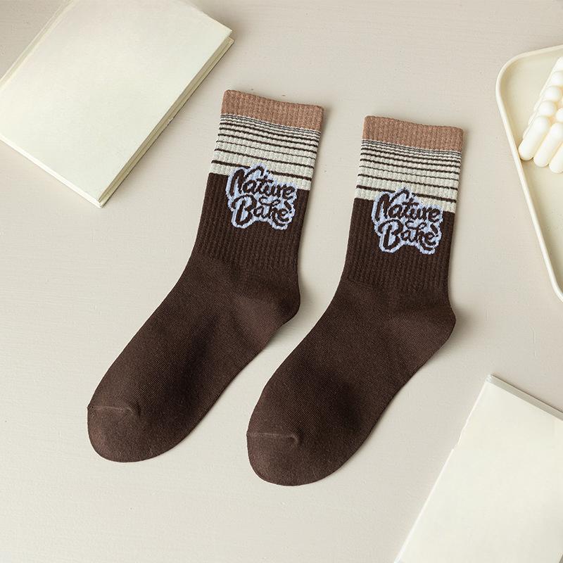 Female Spring and Autumn Tide Stripe Number Letter Tube Cotton Socks