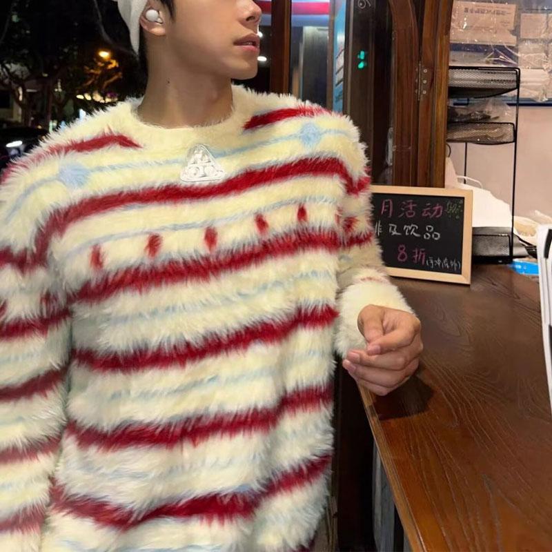 Young Style Vintage Striped Sweaters Men's Clothing Contrasting Colors Autumn Winter New Fashion Patch Designs Knitted Pullovers