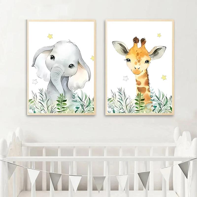 Forest Baby Personalized Name Green Canvas Painting Cartoon Animals Poster Children's Bedroom Wall Art Print Picture Room Decor