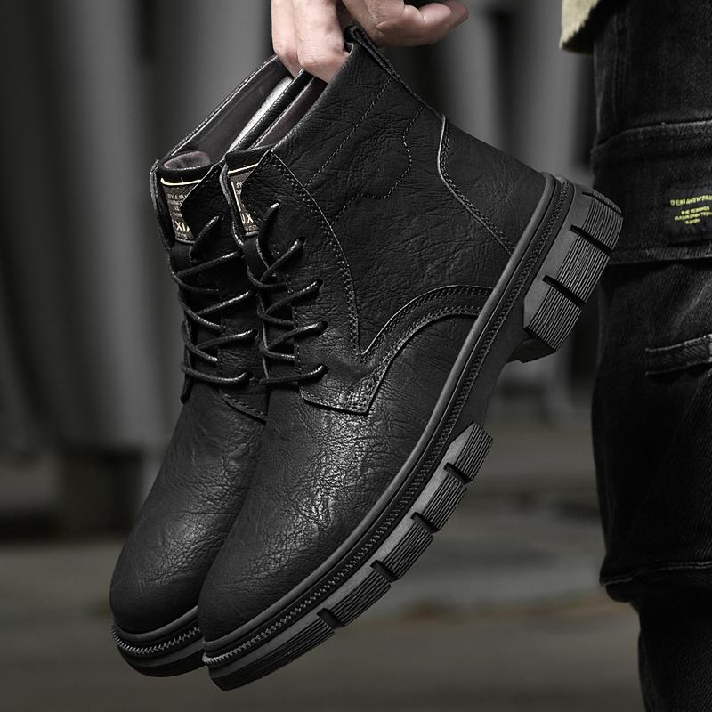 Fashion New High Top Boots Men's Leather Shoes Fashion Motorcycle Ankle Boots Man Winter Plush Snow Boots Genuine Leather Lace-Up Botas