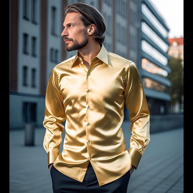 Men Satin Long Sleeve Shirt With Wrinklefree Fabric For Casual Spring Wear