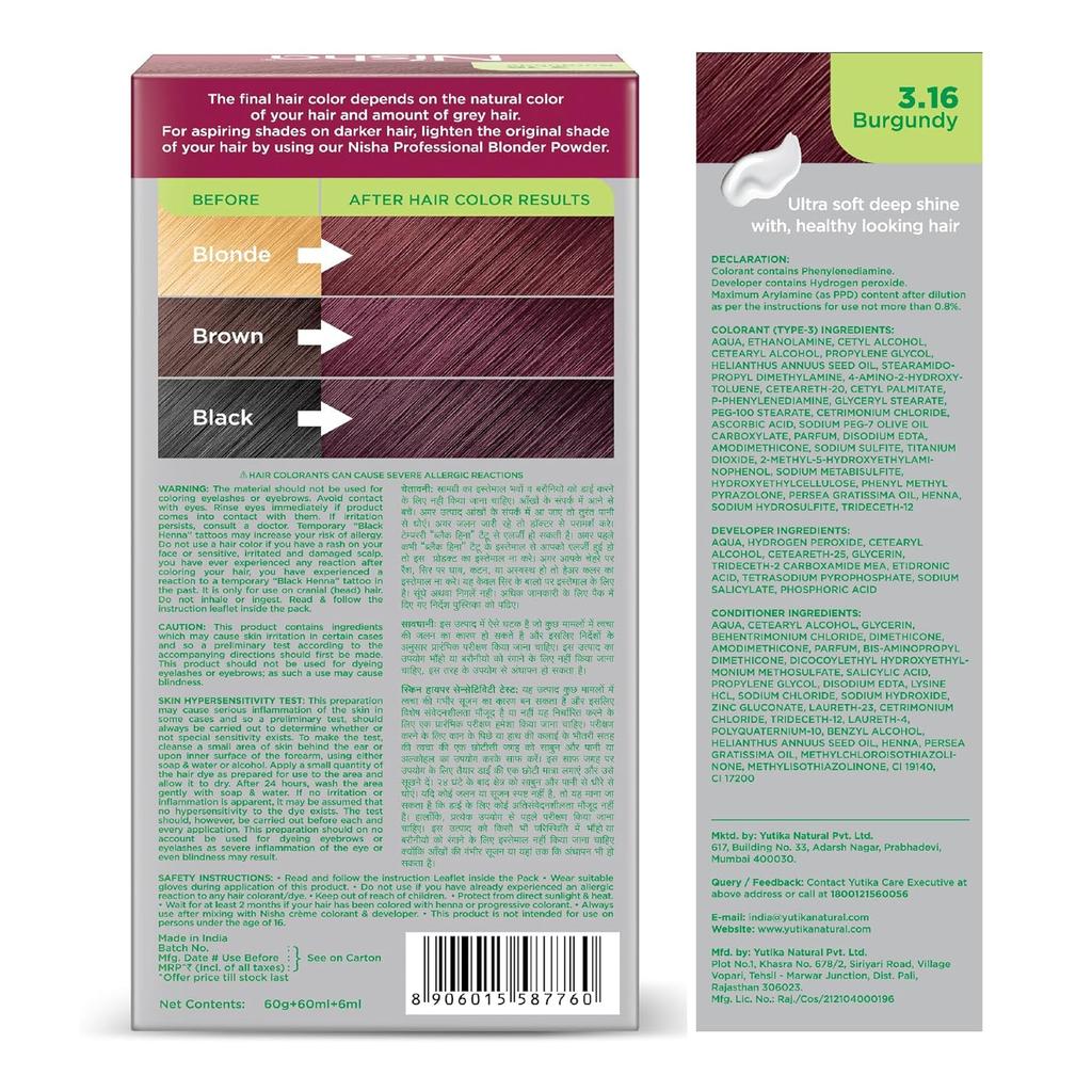 Nisha Creme Hair Color Burgundy 60G + 60Ml Permanent Grey Coverage Ammonia Free Natural Henna Extract