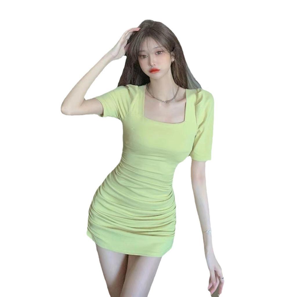 Bubble sleeve tight dress, new pure desire style square neck pleats, waist and thin hip skirt, Spice Girls ins tide