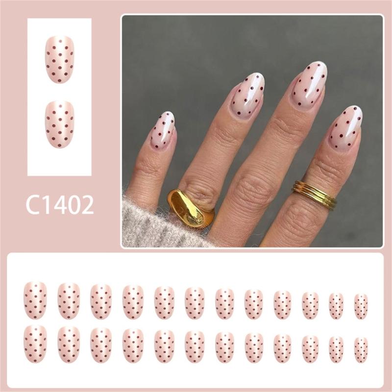 24 Pieces Short False Nail Glossy Oval Coffee Dots Full Cover Press On Nail Fashion Nail Decoration for Daily Party Wear