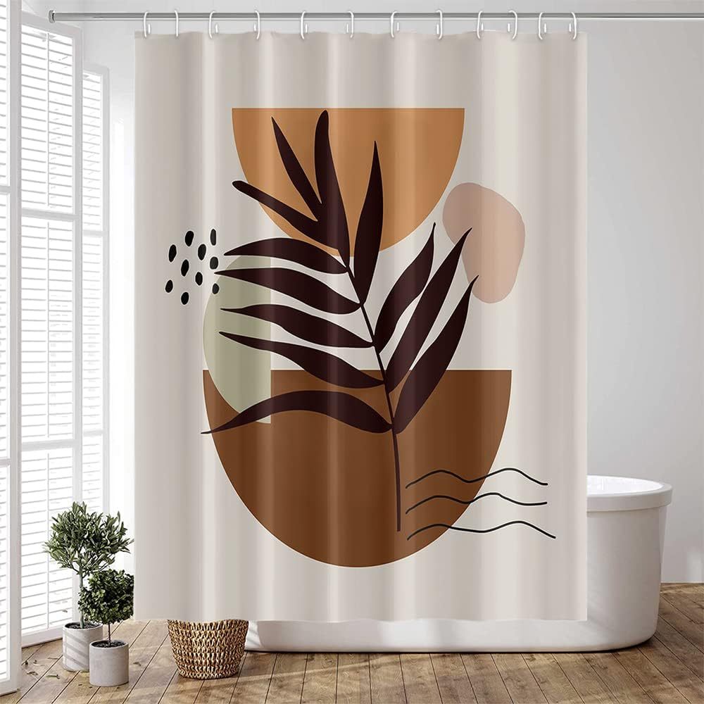 Boho Floral Bathroom Shower Curtain - Tropical Green Leaves, Pink Flowers - Waterproof Polyester Fabric - Mid Century Modern
