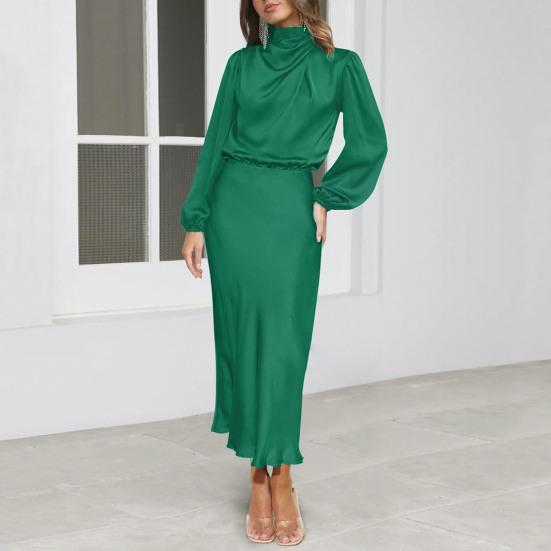 Women Dress Half-high Collar Satin Long Sleeve Solid Color Hollow Out Lantern Sleeve