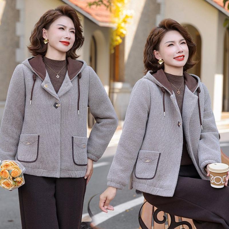 New Women's Clothing Autumn and Winter Woolen Hooded Top Medium Fleece Thickened Coat