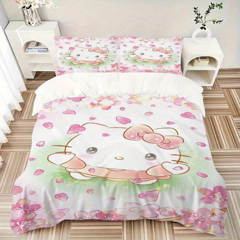 3pcs Petals Hello Kitty Quilt Cover Set (1 Quilt Cover + 2 Pillowcases Without Pillow Core), High-Definition Printing for Home and Dormitory.W075