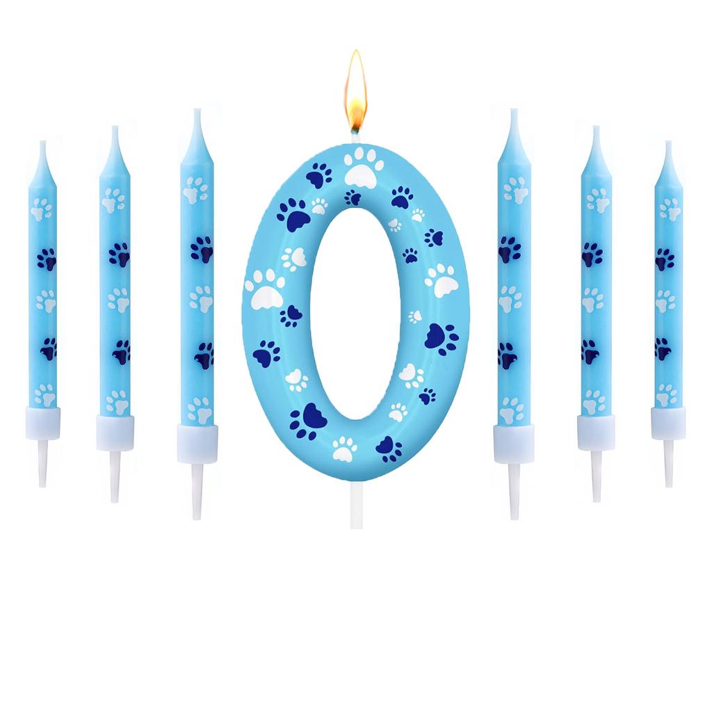 0-9 Blue and White Dog Birthday Candle Cake Top Digital Birthday Candle, Used for Boy and Girl Dog Claw Decoration Candles