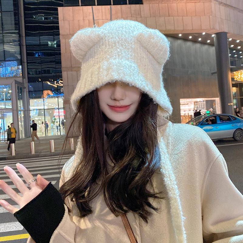 

Cute bear hair hat women s winter lace-up wool hat girls show their faces small ear protectors gray warm knitted hat