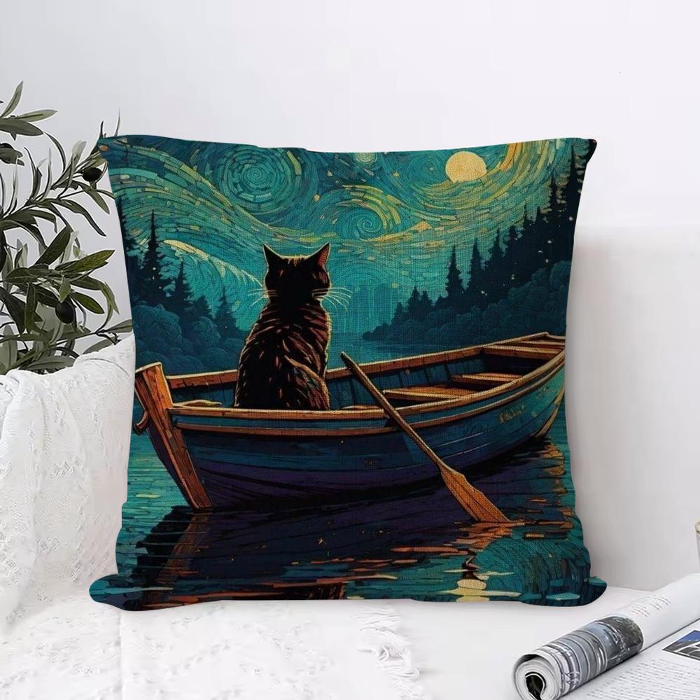 Van Gogh Starry Sky Cat Cushion Cover Eco Linen Pillow Case DoubleSided Print Breathable Durable Zipper Home Decor Gift